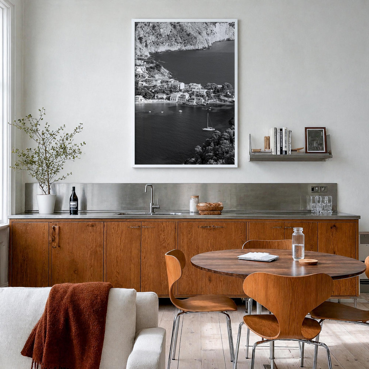Cephalonia black & white photo poster of Greece – vertical wall art in white wood frame, hanging on wall