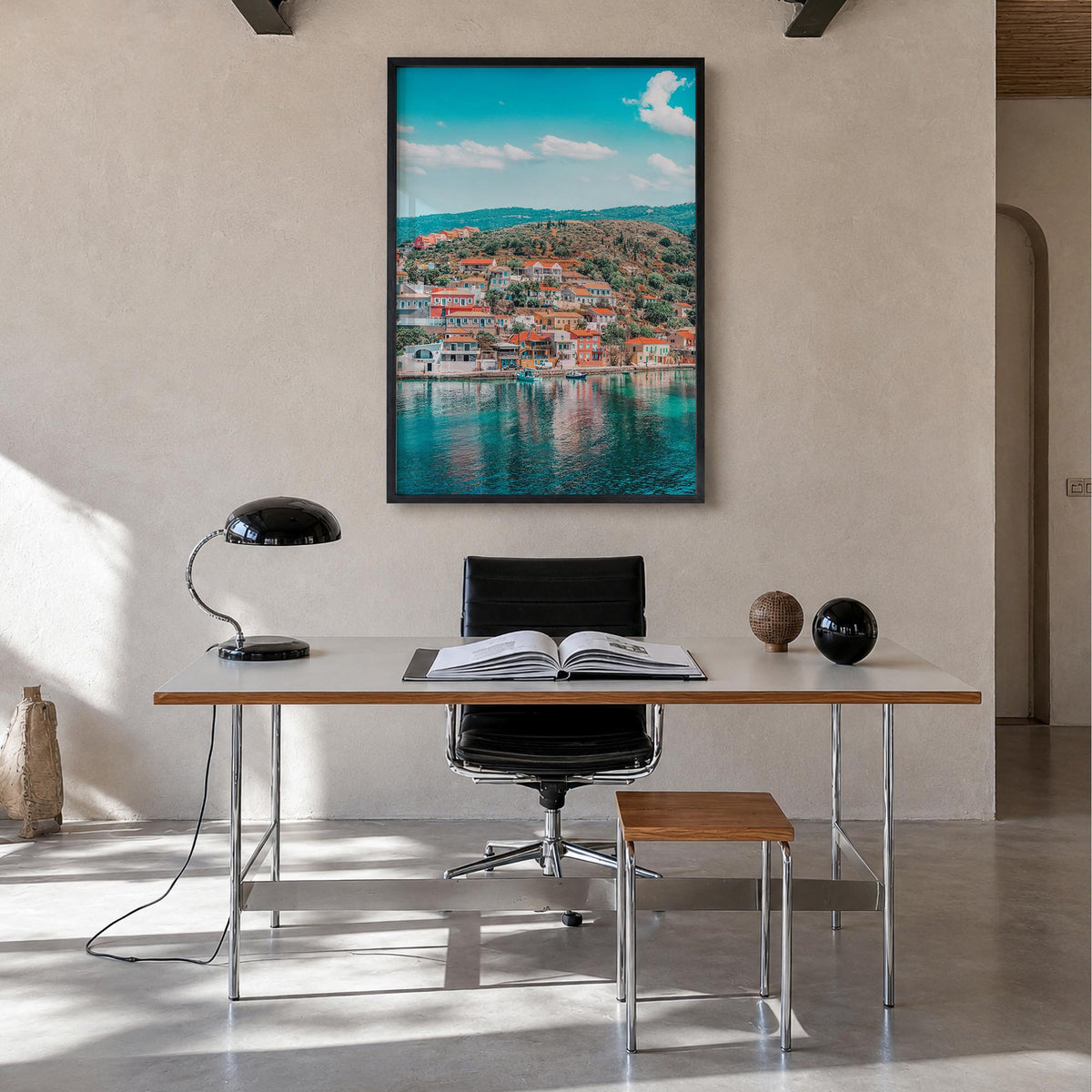 Cephalonia colorful photo poster of Greece – vertical wall art in black wood frame, hanging on wall