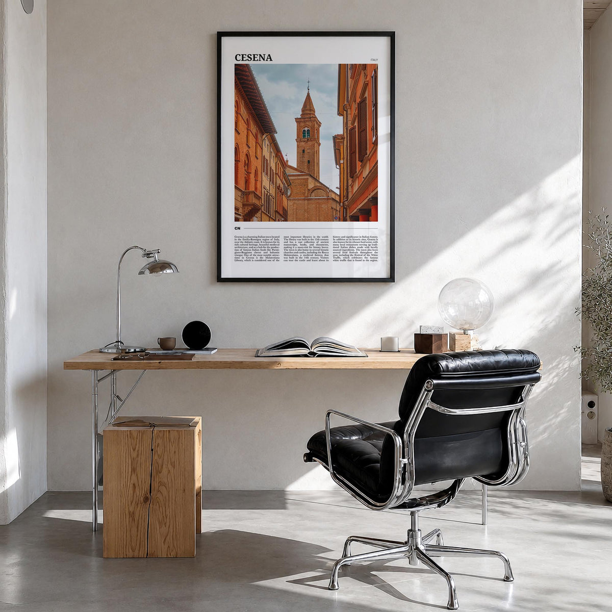 Cesena colorful travel poster of Italy – vertical wall art in black wood frame, hanging on wall