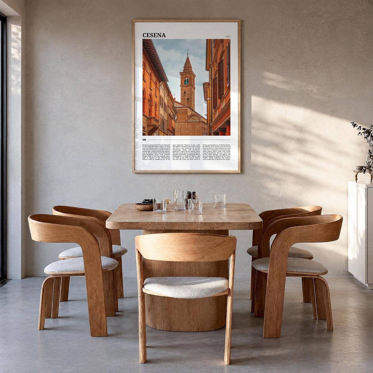 Cesena colorful travel poster of Italy – vertical wall art in natural wood frame, hanging on wall