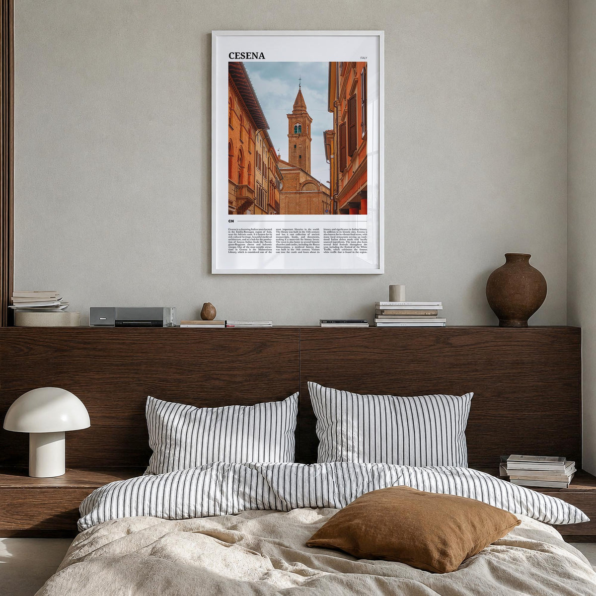 Cesena colorful travel poster of Italy – vertical wall art in white wood frame, hanging on wall