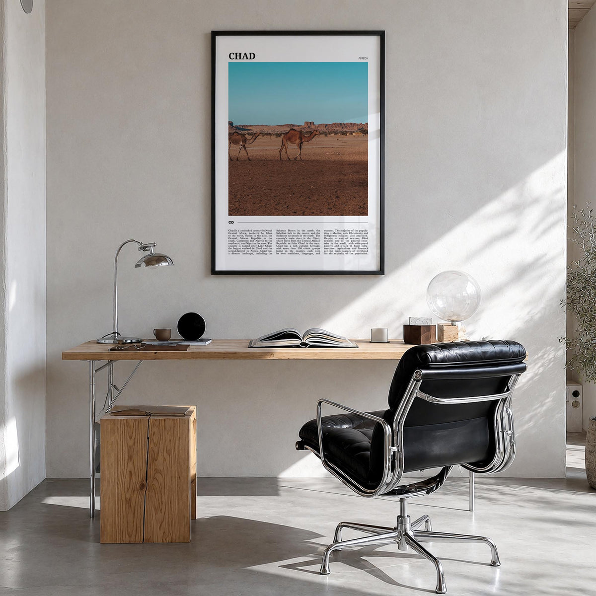 Chad colorful travel poster of Africa – vertical wall art in black wood frame, hanging on wall