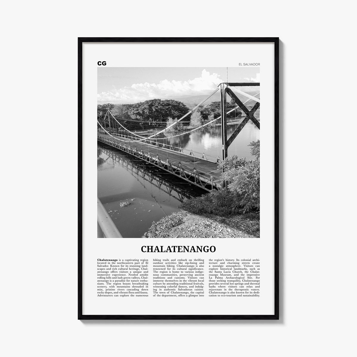 Chalatenango black & white newspaper poster of El Salvador – vertical wall art, unframed print shown in interior mockup