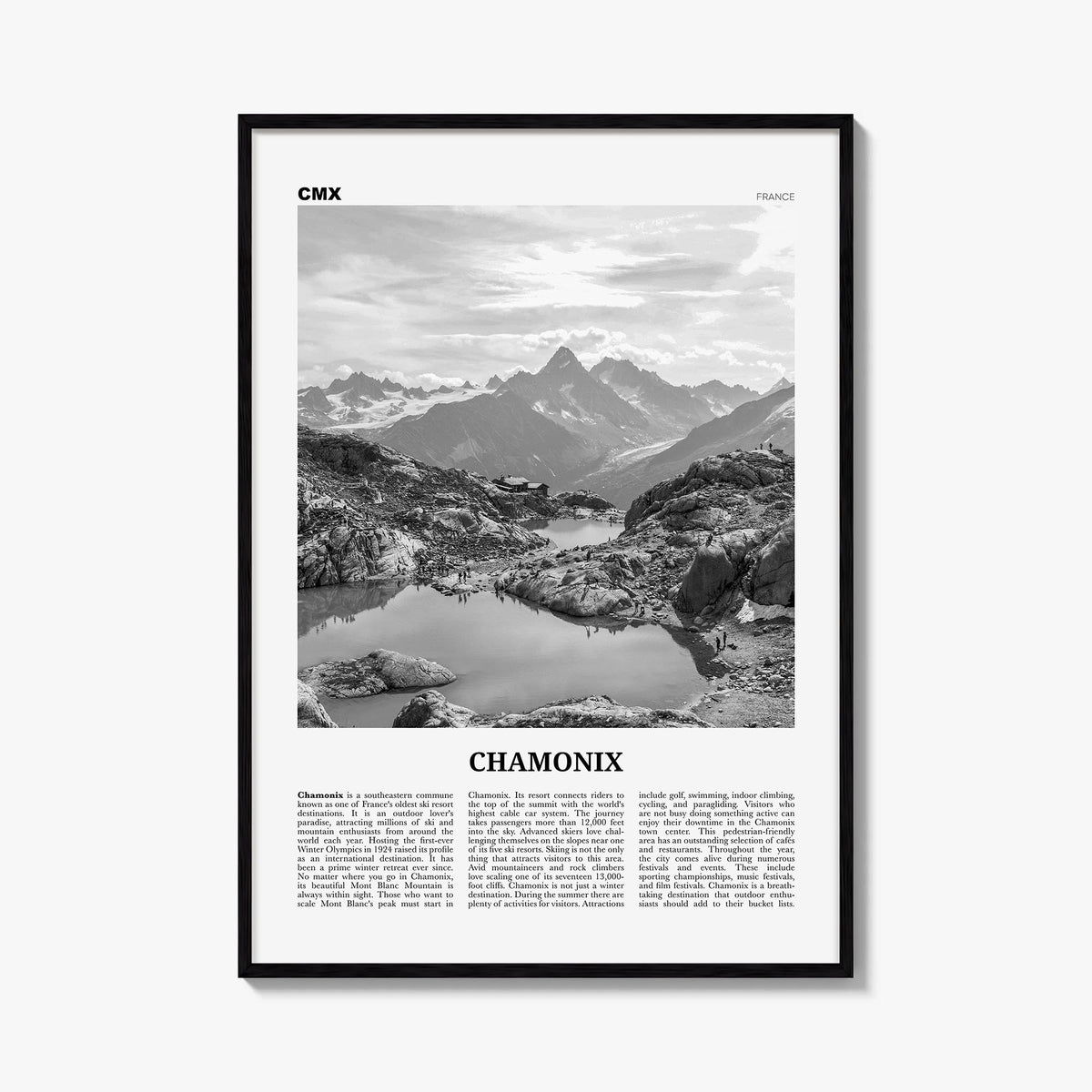 Chamonix black & white newspaper poster of France – vertical wall art, unframed print shown in interior mockup