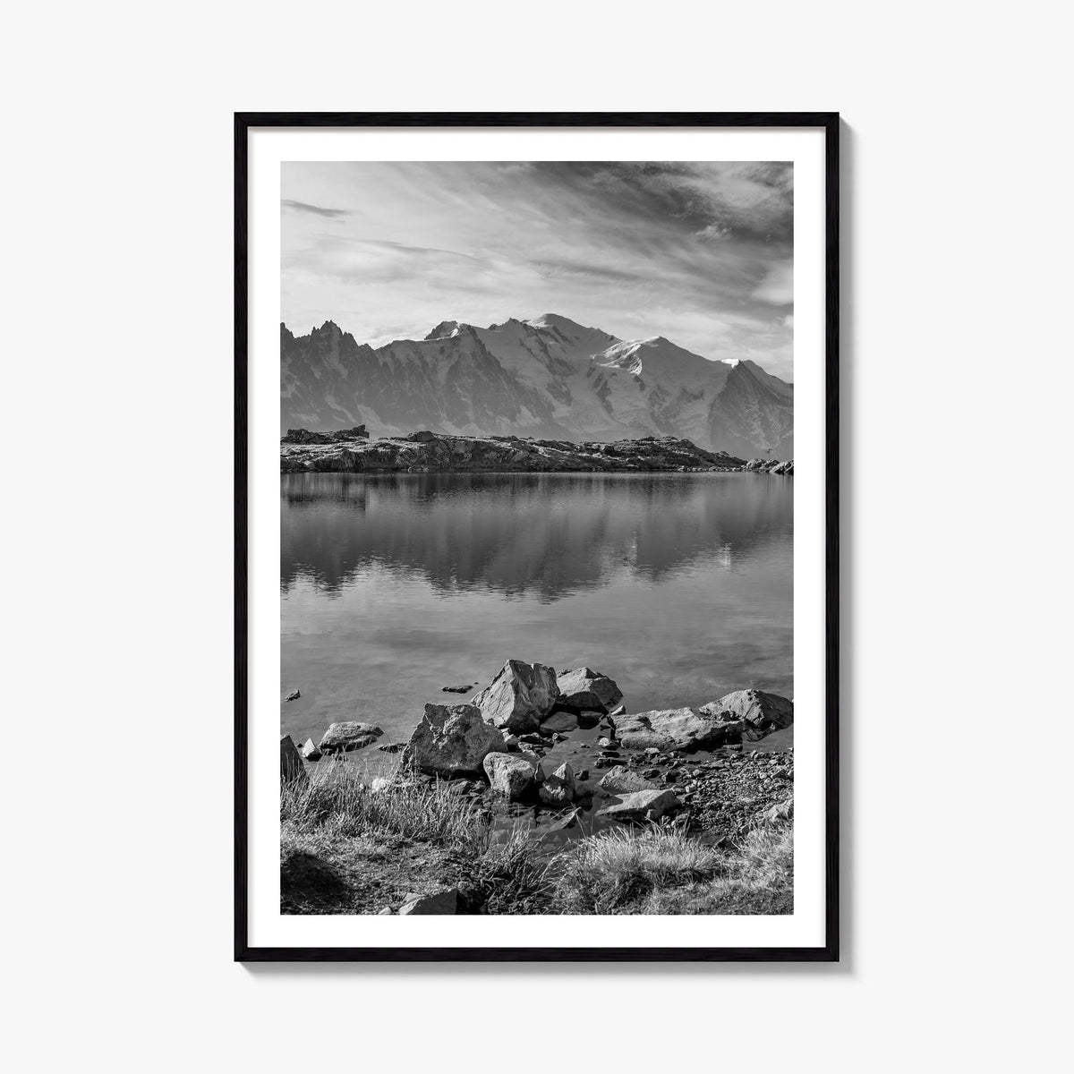 Chamonix black & white photo poster of France – vertical wall art, unframed print shown in interior mockup