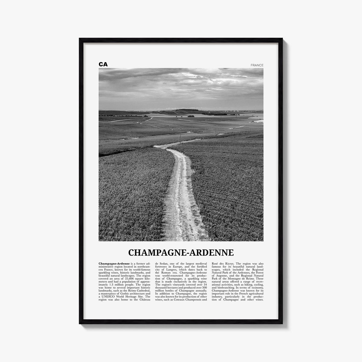 Champagne-Ardenne black & white newspaper poster of France – vertical wall art, unframed print shown in interior mockup