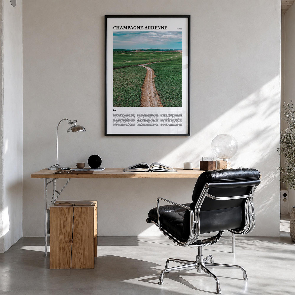 Champagne-Ardenne colorful travel poster of France – vertical wall art in black wood frame, hanging on wall