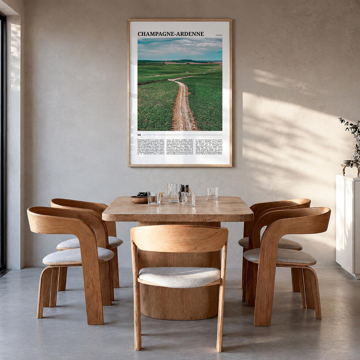 Champagne-Ardenne colorful travel poster of France – vertical wall art in natural wood frame, hanging on wall