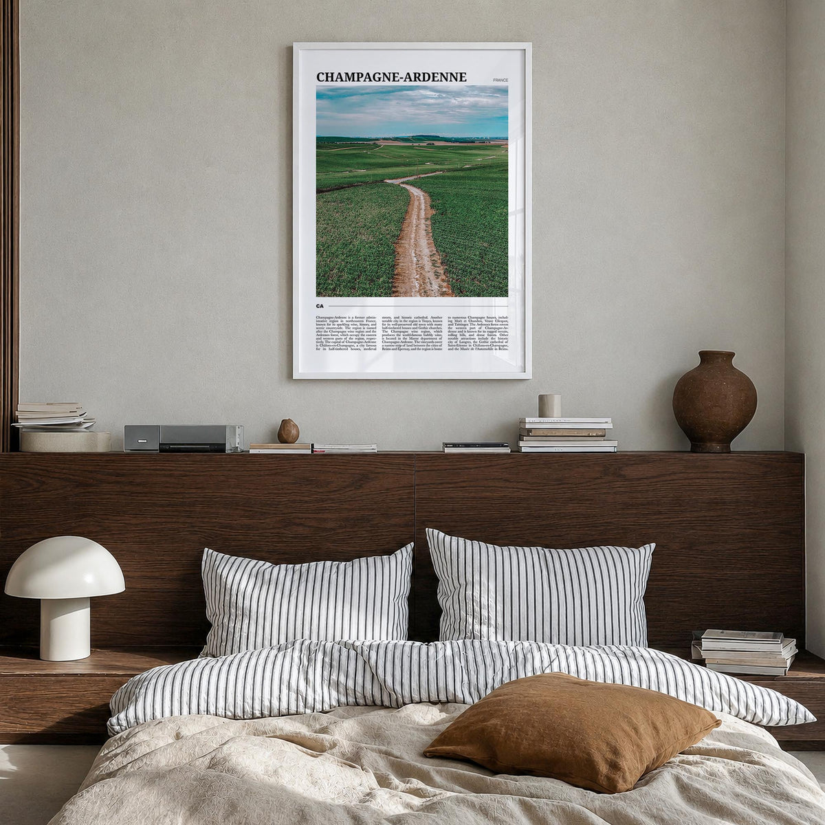 Champagne-Ardenne colorful travel poster of France – vertical wall art in white wood frame, hanging on wall