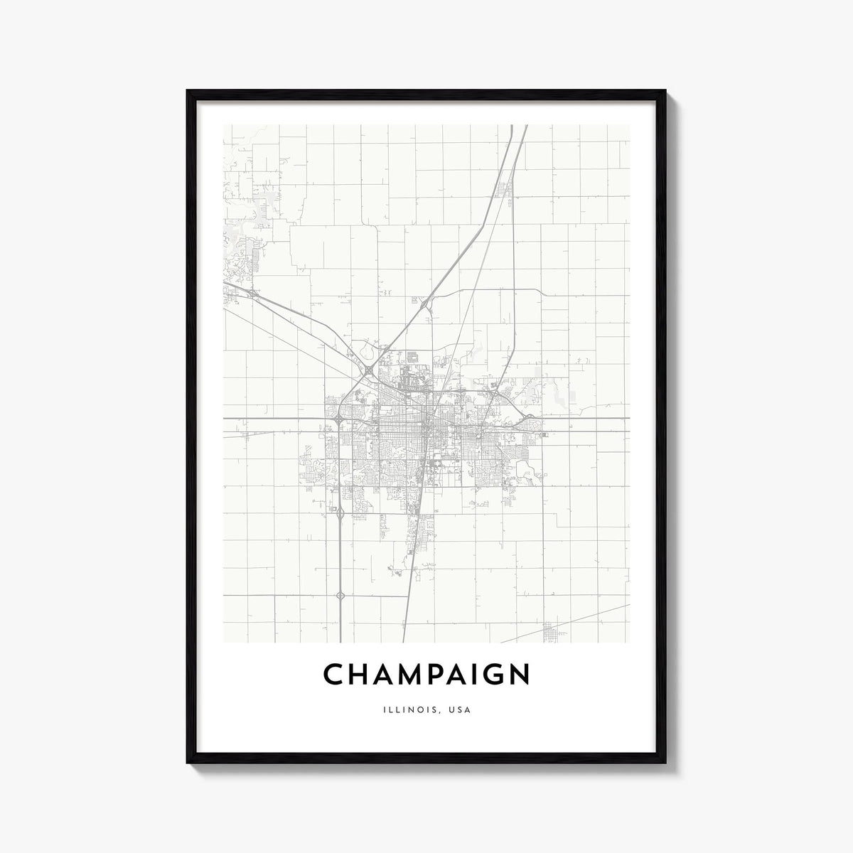 Champaign black & white map poster of Illinois, USA – vertical wall art, unframed print shown in interior mockup