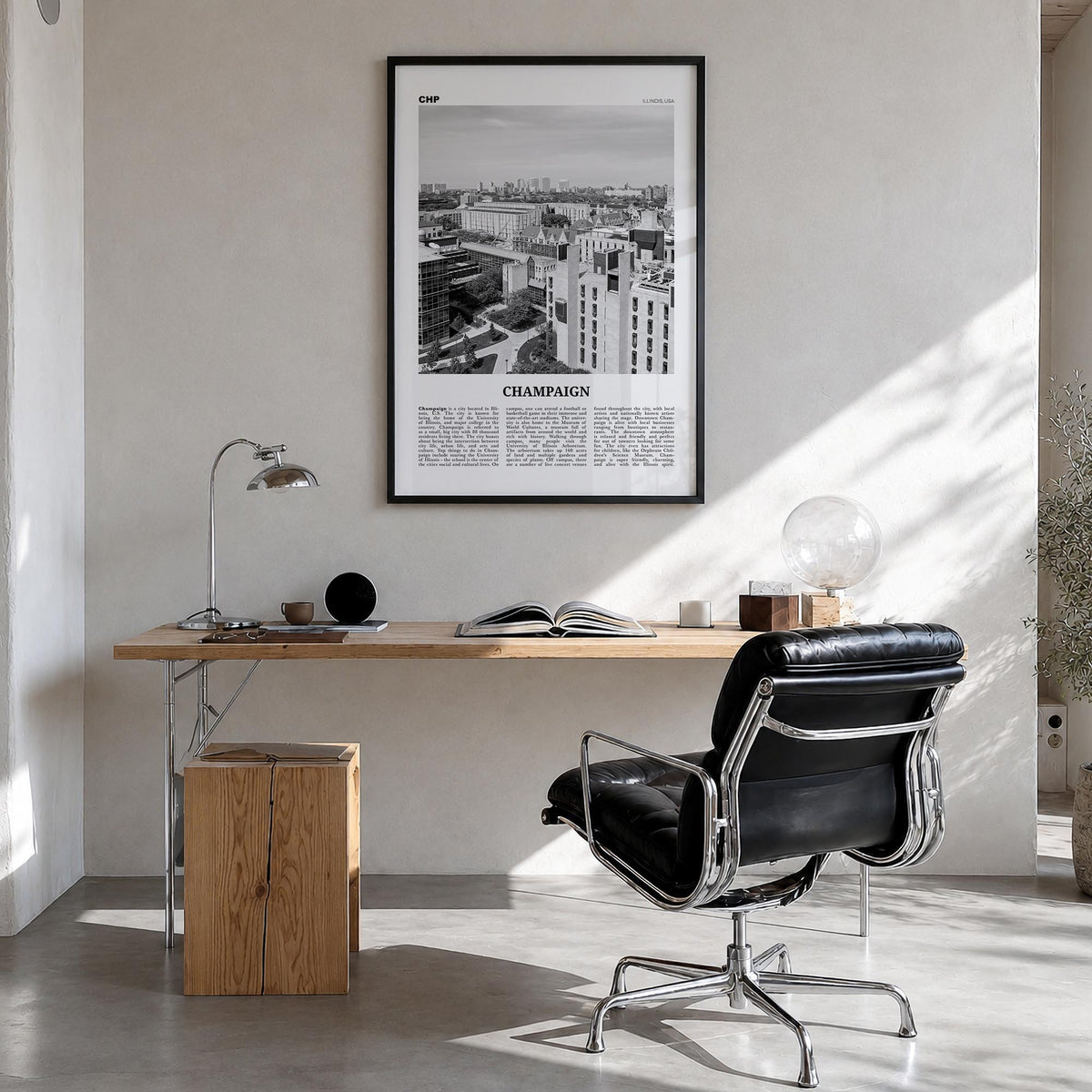 Champaign black & white newspaper poster of Illinois, USA – vertical wall art in black wood frame, hanging on wall
