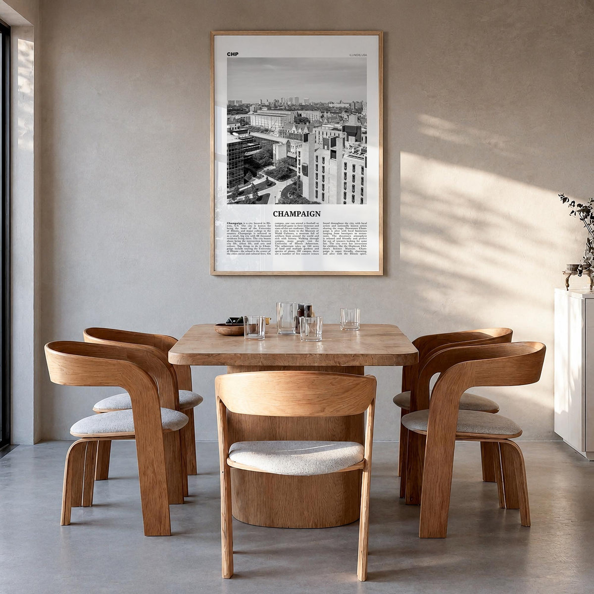 Champaign black & white newspaper poster of Illinois, USA – vertical wall art in natural wood frame, hanging on wall