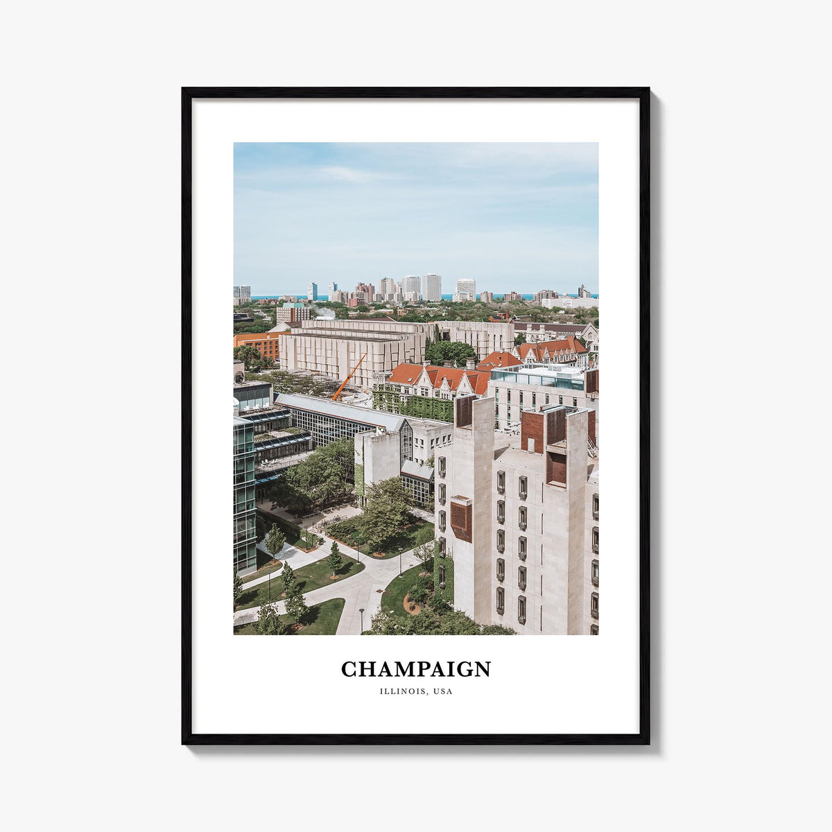 Champaign colorful classic poster of Illinois, USA – vertical wall art, unframed print shown in interior mockup