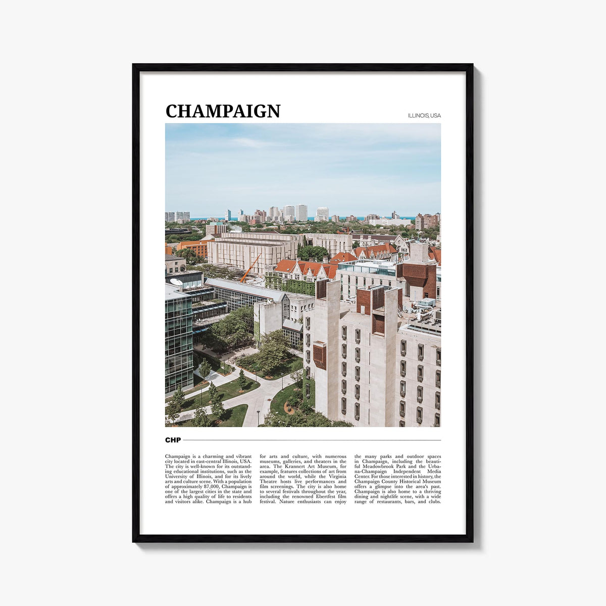 Champaign colorful travel poster of Illinois, USA – vertical wall art, unframed print shown in interior mockup