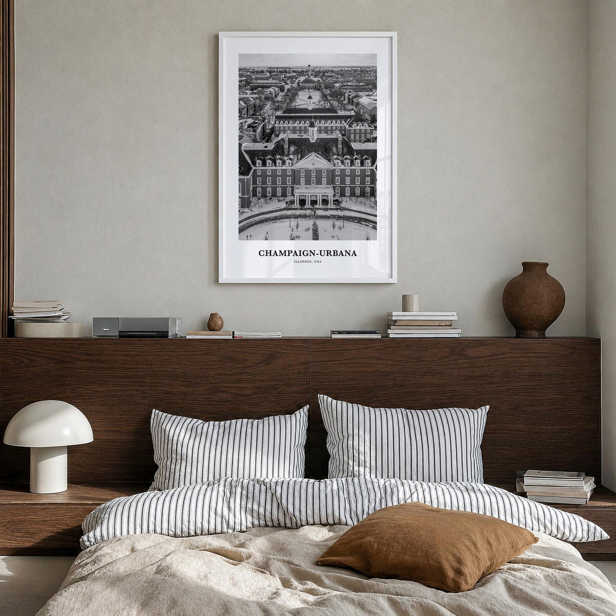 Champaign-Urbana black & white classic poster of Illinois, USA – vertical wall art in white wood frame, hanging on wall