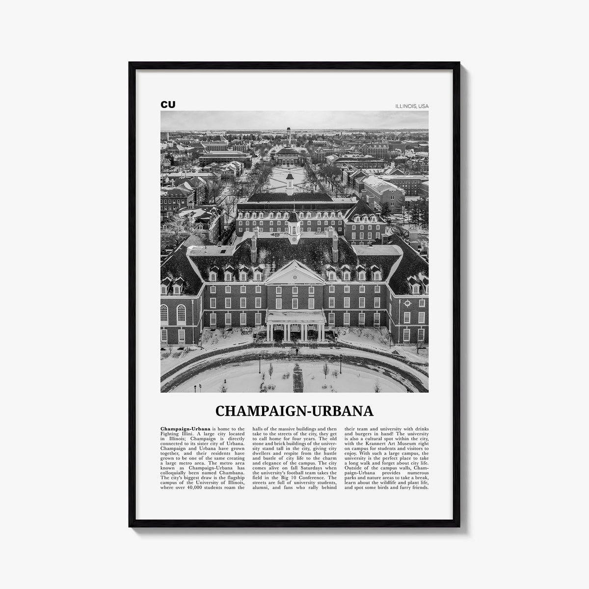 Champaign-Urbana black & white newspaper poster of Illinois, USA – vertical wall art, unframed print shown in interior mockup