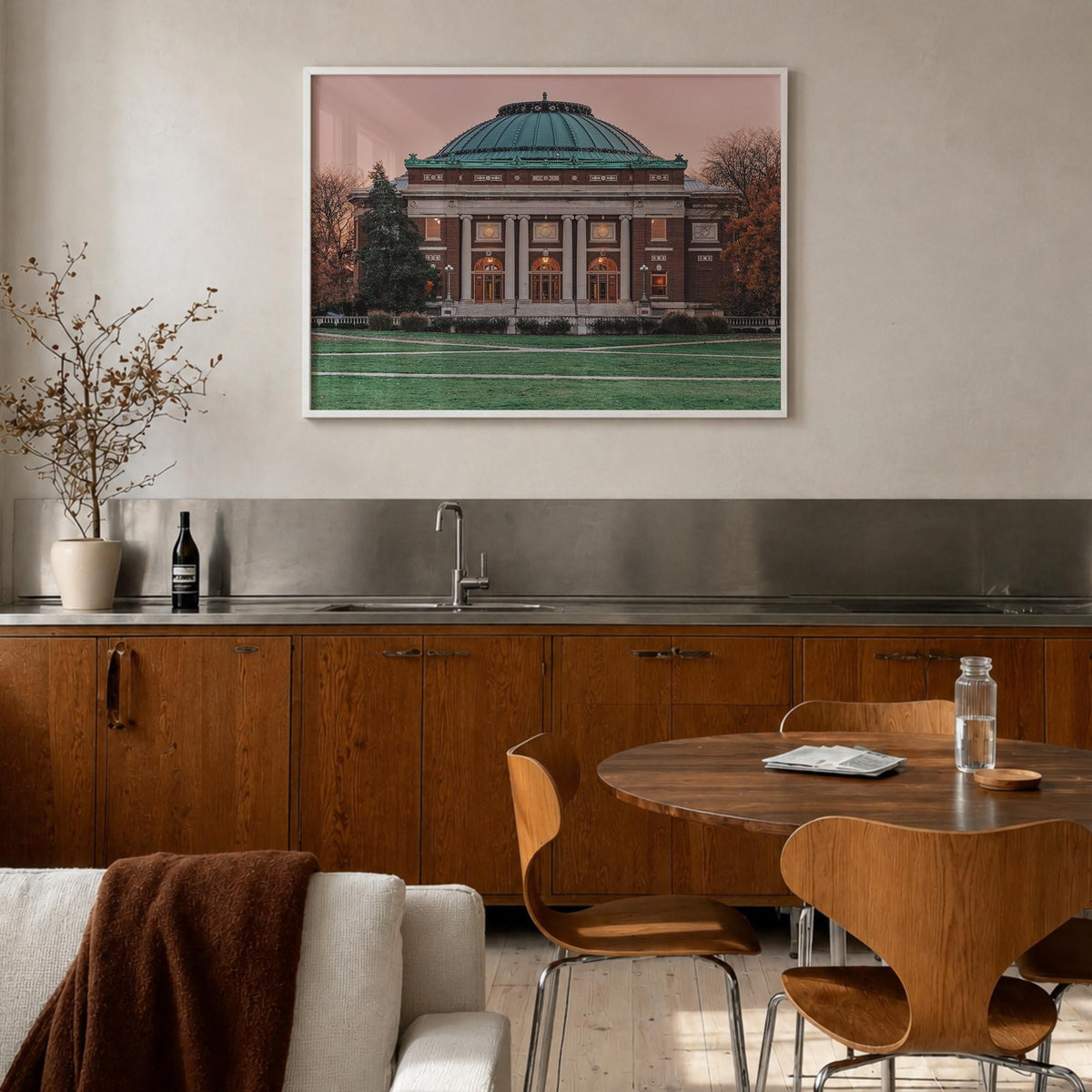 Champaign-Urbana colorful photo poster of Illinois, USA – horizontal wall art in white wood frame, hanging on wall