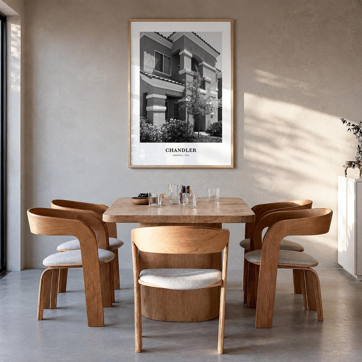 Chandler black & white classic poster of Arizona, USA – vertical wall art in natural wood frame, hanging on wall