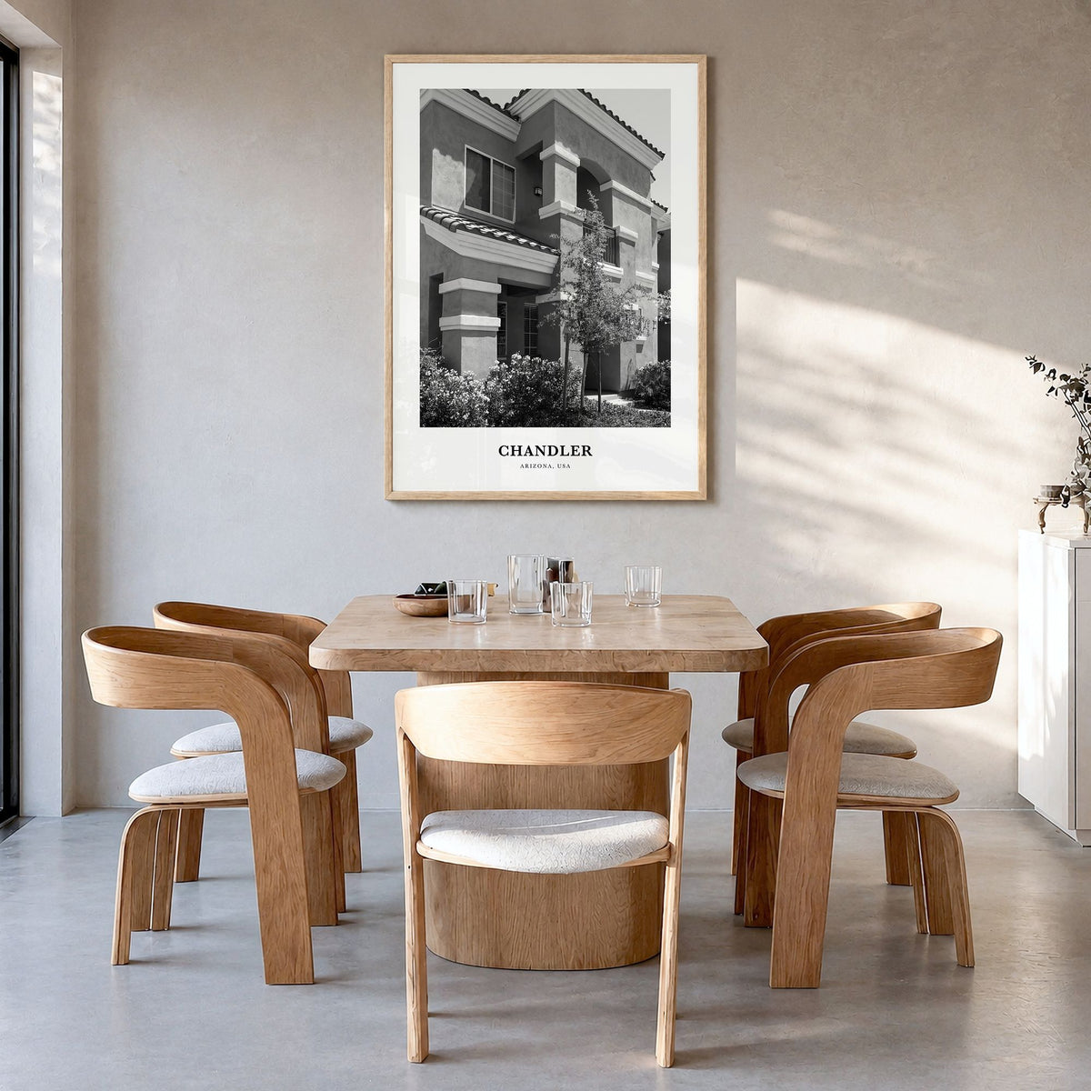 Chandler Classic Poster in a natural wood frame, hanging in a dining room