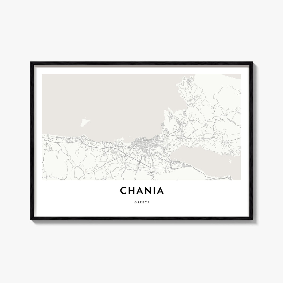 Chania black & white map poster of Greece – horizontal wall art, unframed print shown in interior mockup