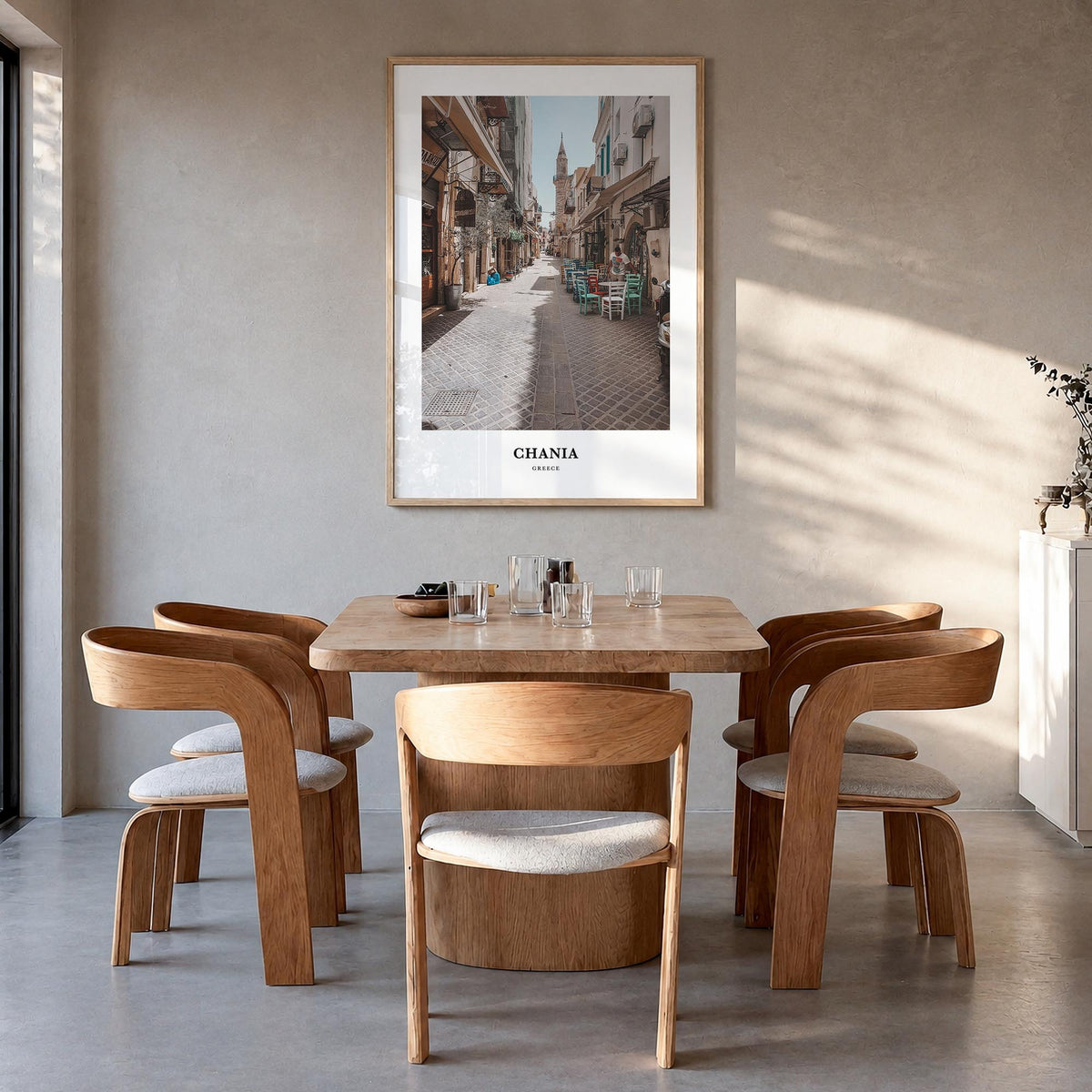 Chania colorful classic poster of Greece – vertical wall art in natural wood frame, hanging on wall