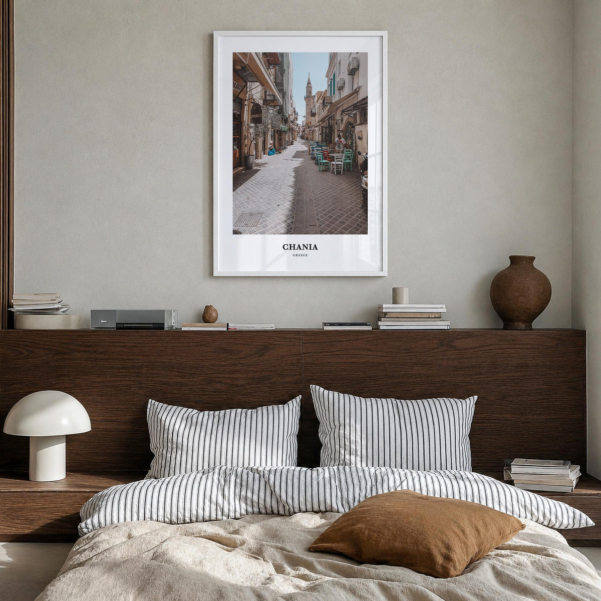 Chania colorful classic poster of Greece – vertical wall art in white wood frame, hanging on wall