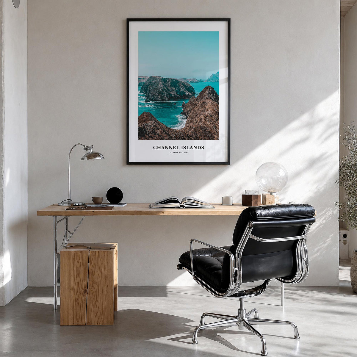 Channel Islands, California colorful classic poster of California, USA – vertical wall art in black wood frame, hanging on wa