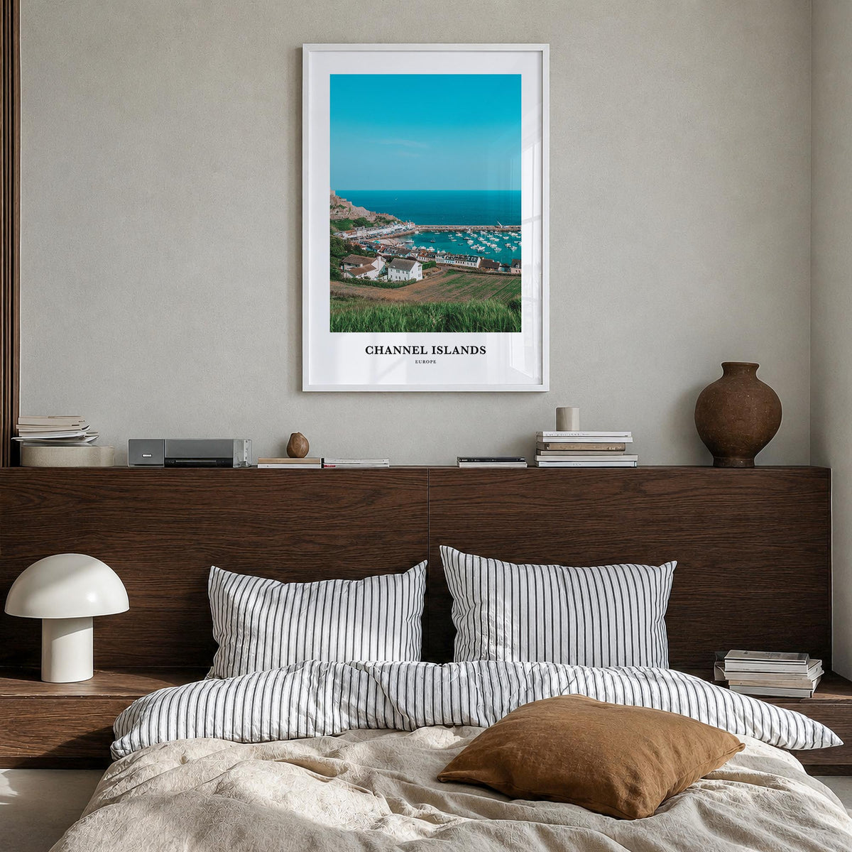 Channel Islands, England colorful classic poster of United Kingdom – vertical wall art in white wood frame, hanging on wall
