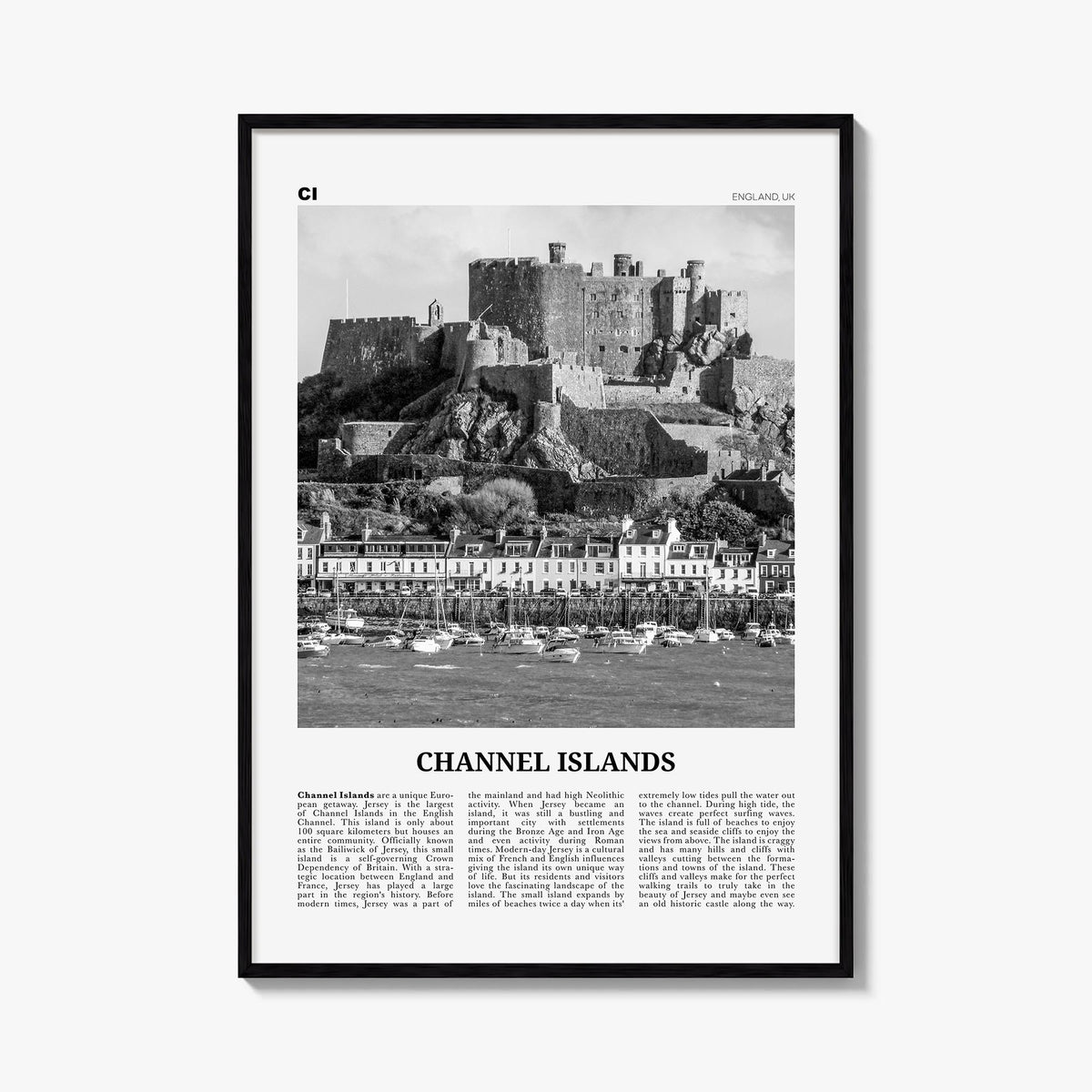 Channel Islands, England no. 1 black & white newspaper poster of United Kingdom – vertical wall art, unframed print shown in