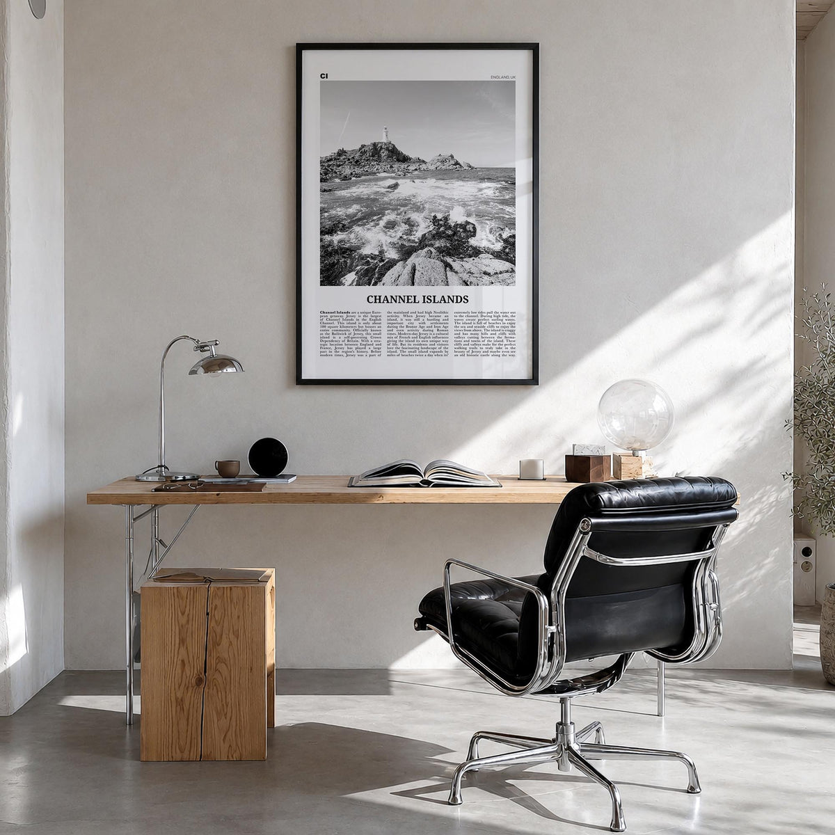 Channel Islands, England no. 2 black & white newspaper poster of United Kingdom – vertical wall art in black wood frame, hang