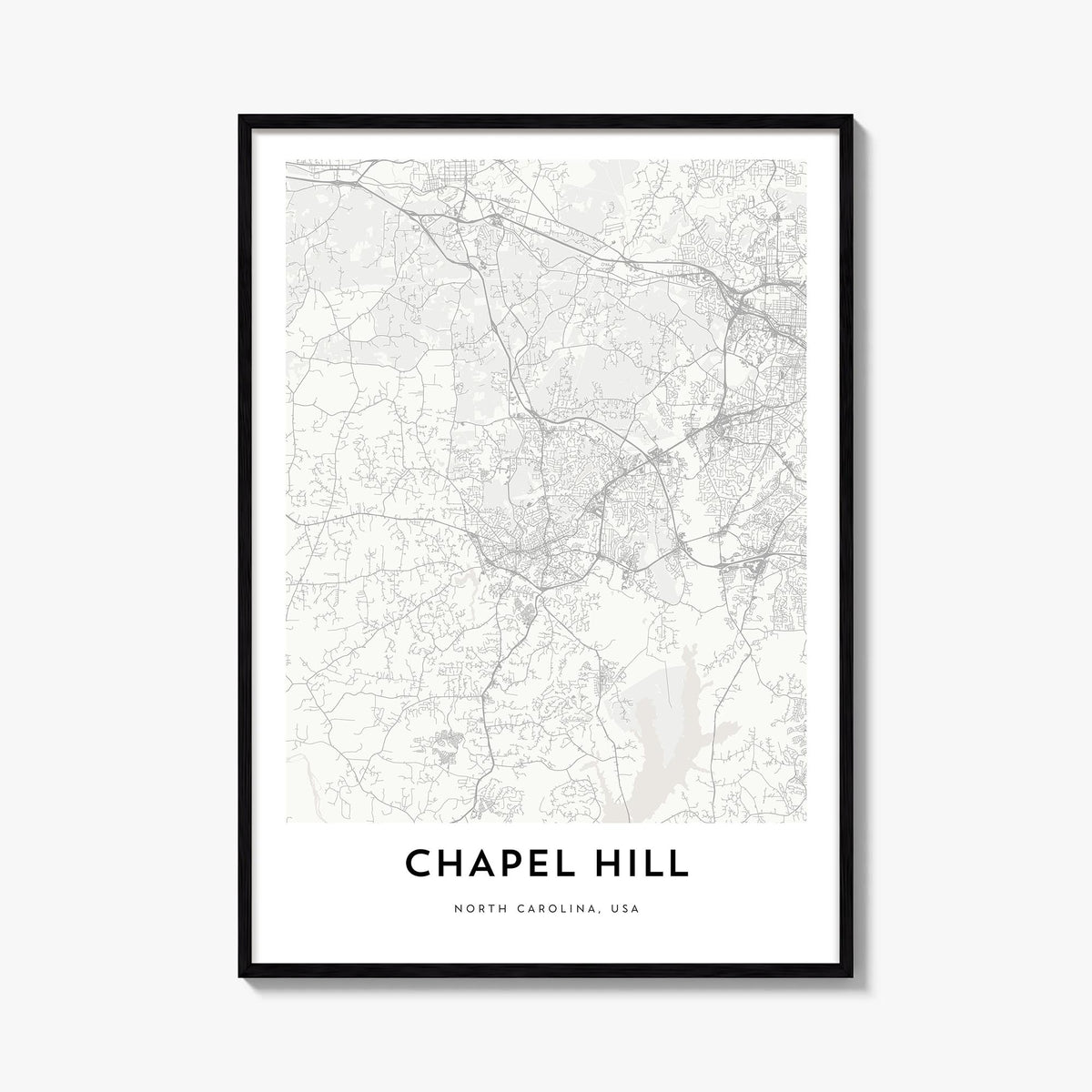 Chapel Hill black & white map poster of North Carolina, USA – vertical wall art, unframed print shown in interior mockup
