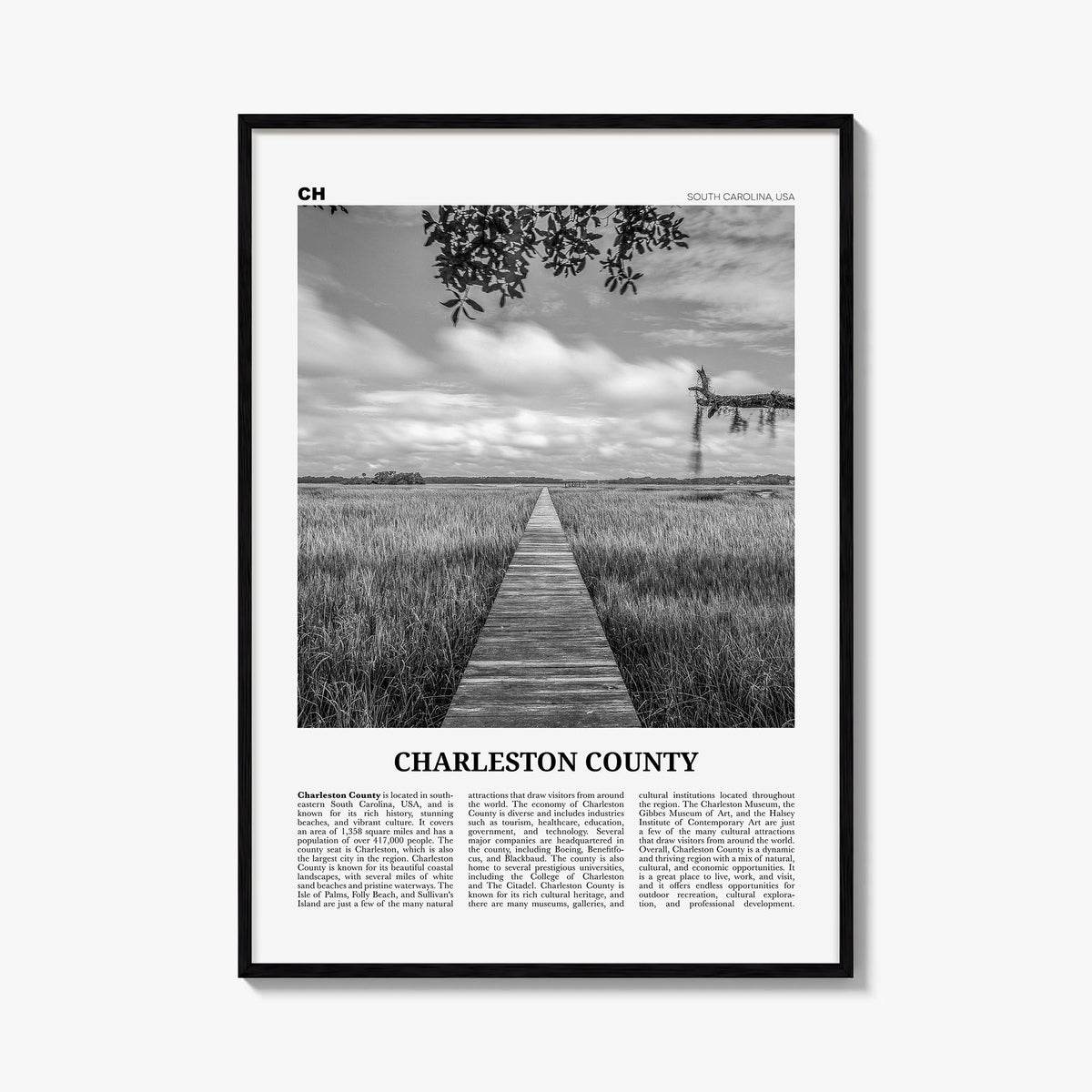 Charleston County black & white newspaper poster of South Carolina, USA – vertical wall art, unframed print shown in interior