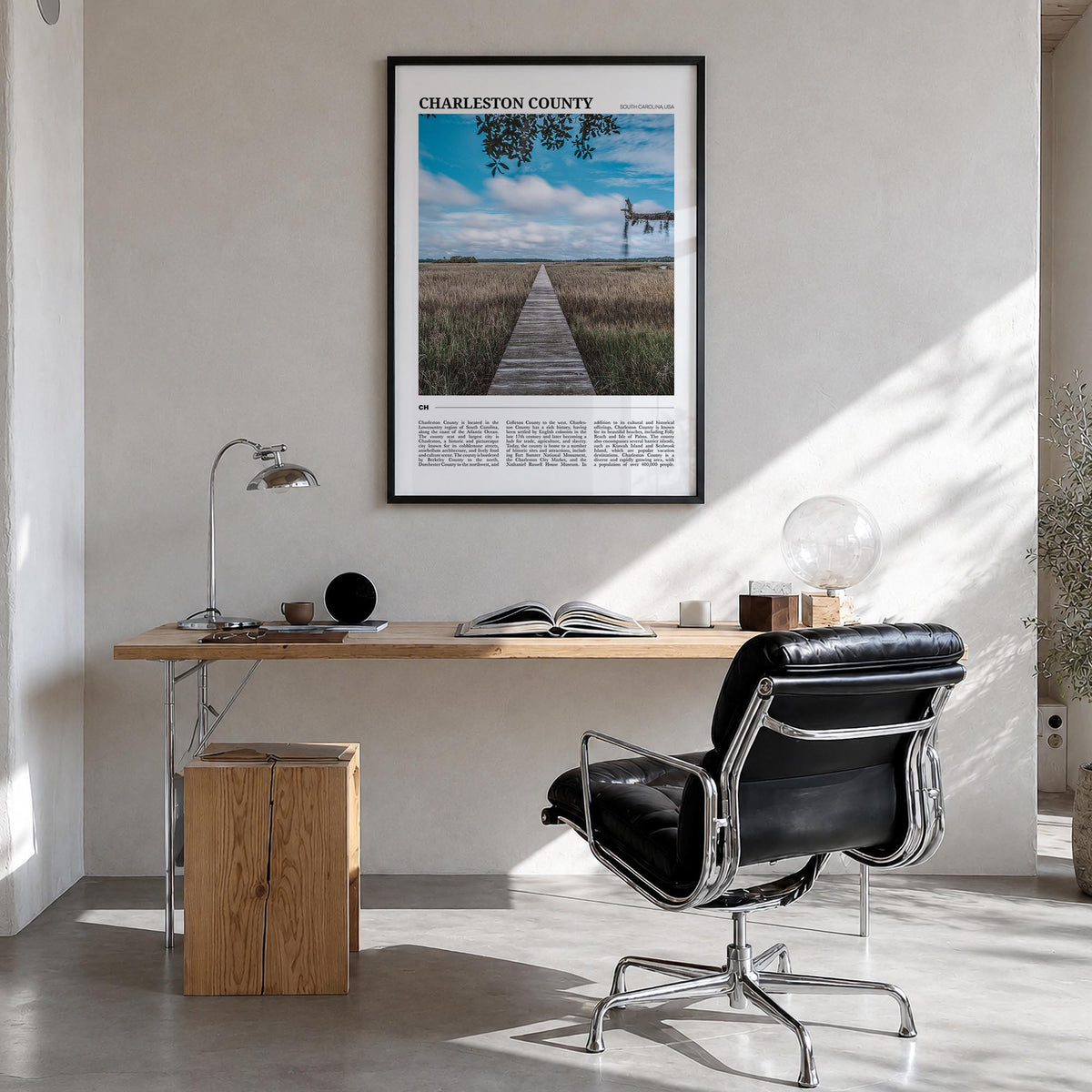 Charleston County colorful travel poster of South Carolina, USA – vertical wall art in black wood frame, hanging on wall