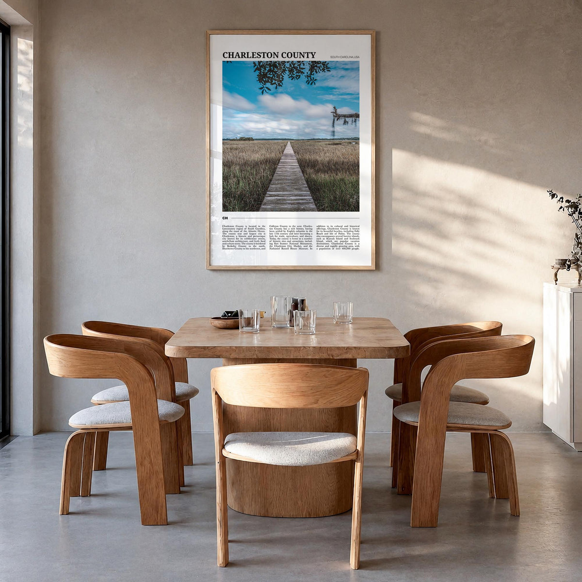 Charleston County colorful travel poster of South Carolina, USA – vertical wall art in natural wood frame, hanging on wall