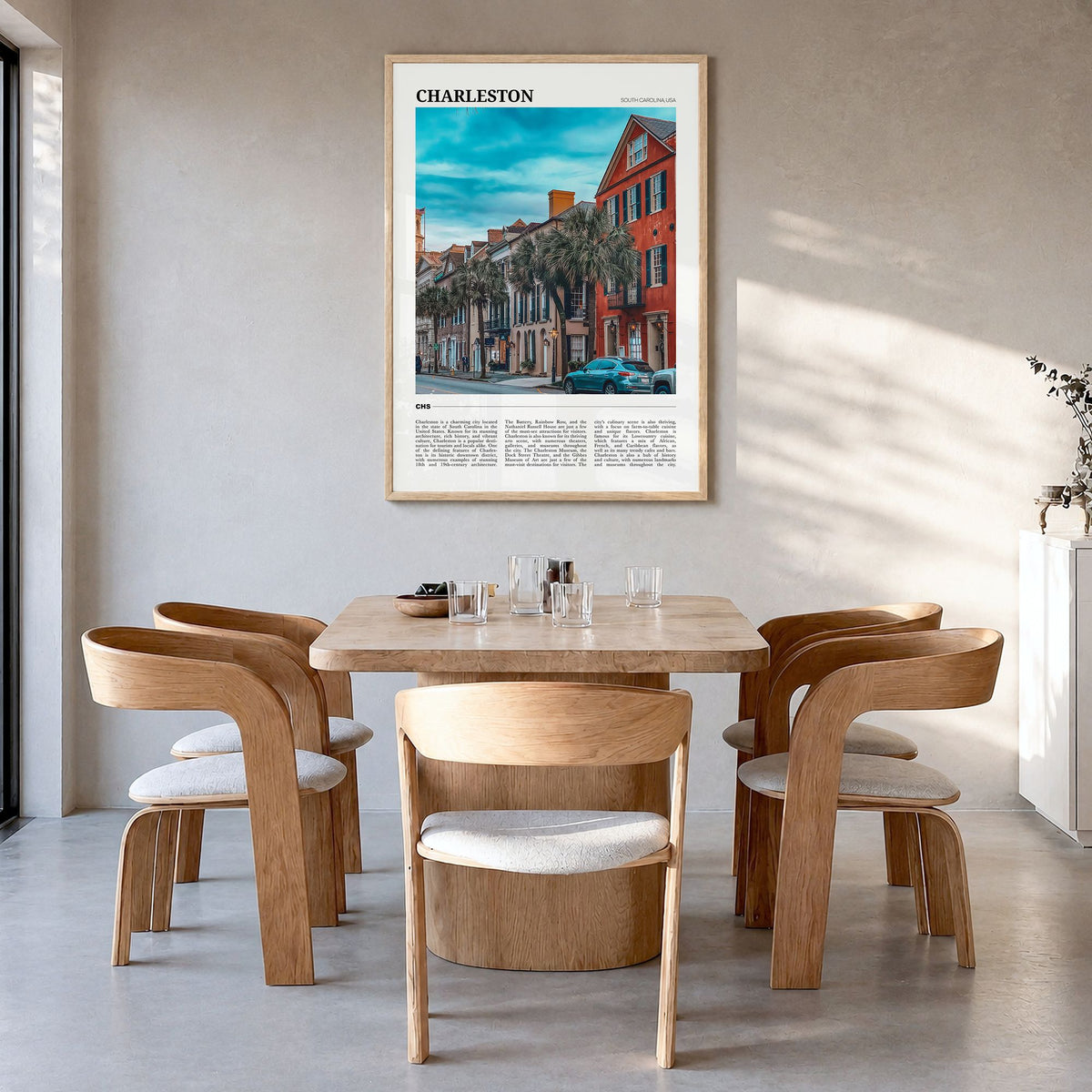 Charleston, South Carolina Travel No 1 Poster in a natural wood frame, hanging in a dining room
