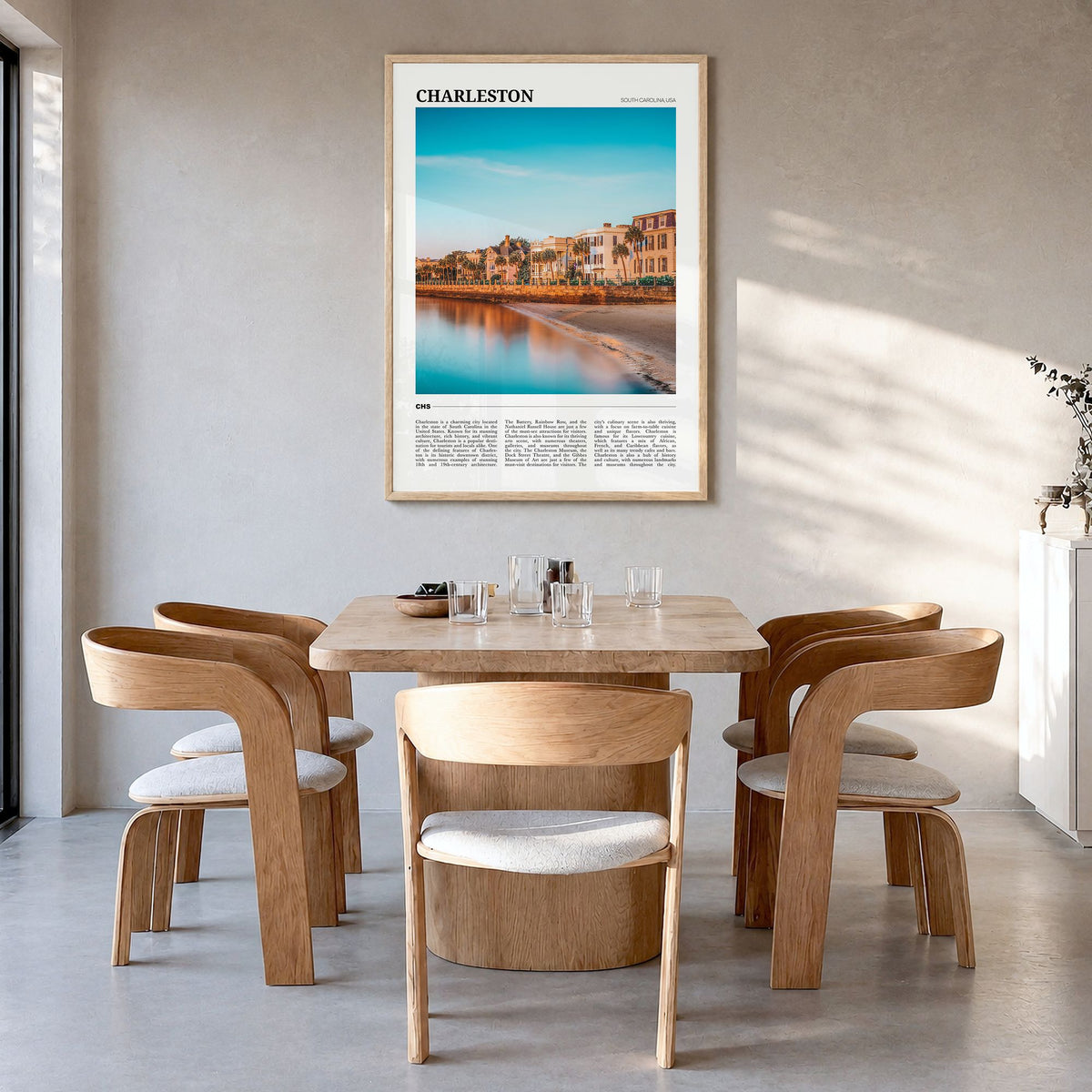Charleston, South Carolina Travel No 3 Poster in a natural wood frame, hanging in a dining room