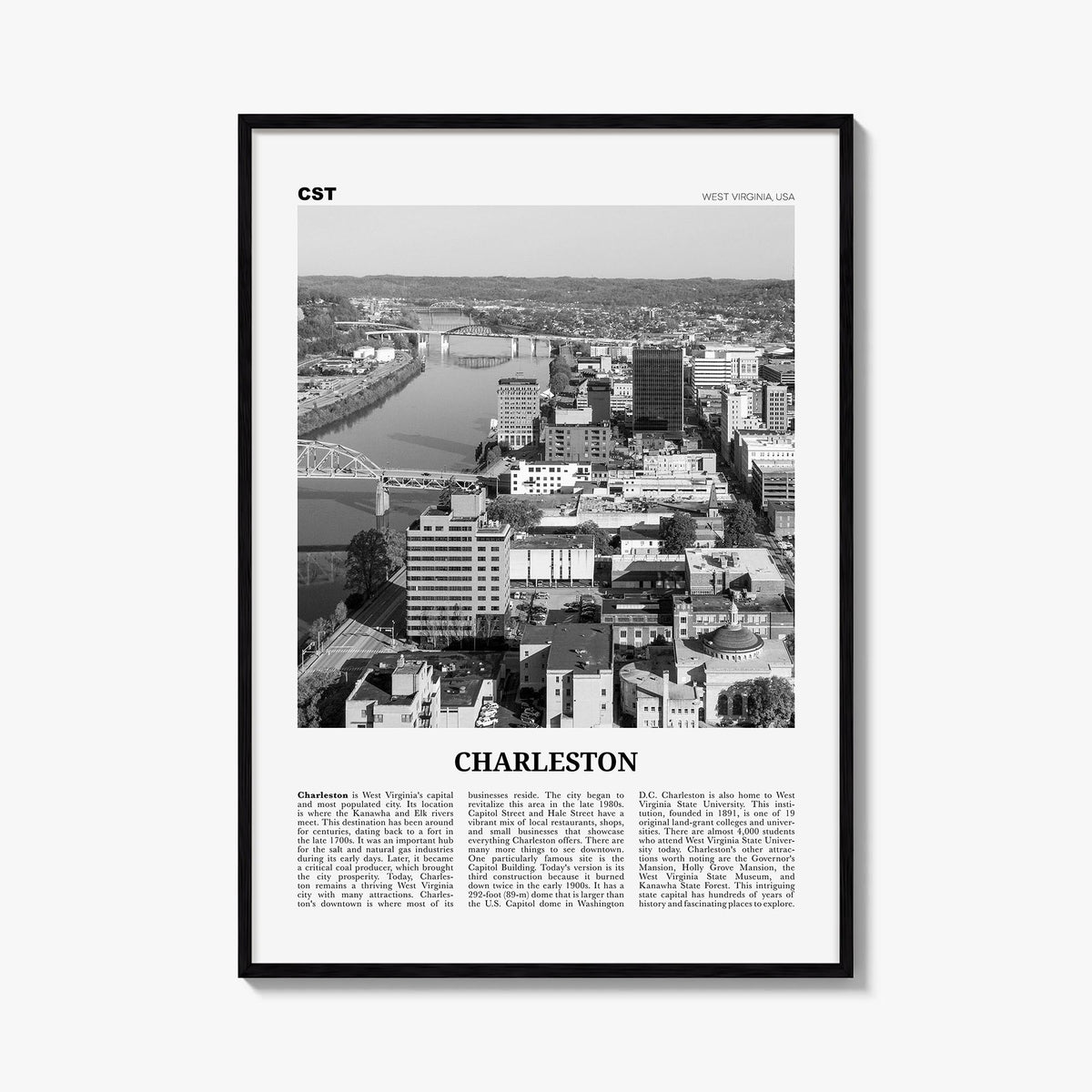 Charleston, West Virginia black & white newspaper poster of West Virginia, USA – vertical wall art, unframed print shown in i