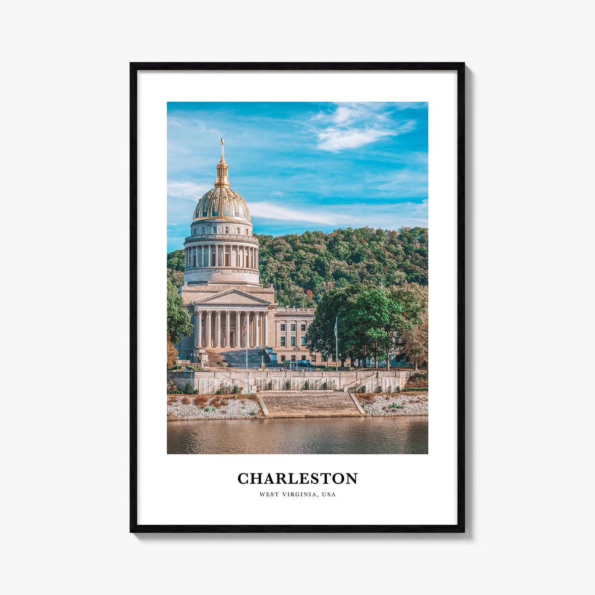 Charleston, West Virginia colorful classic poster of West Virginia, USA – vertical wall art, unframed print shown in interior