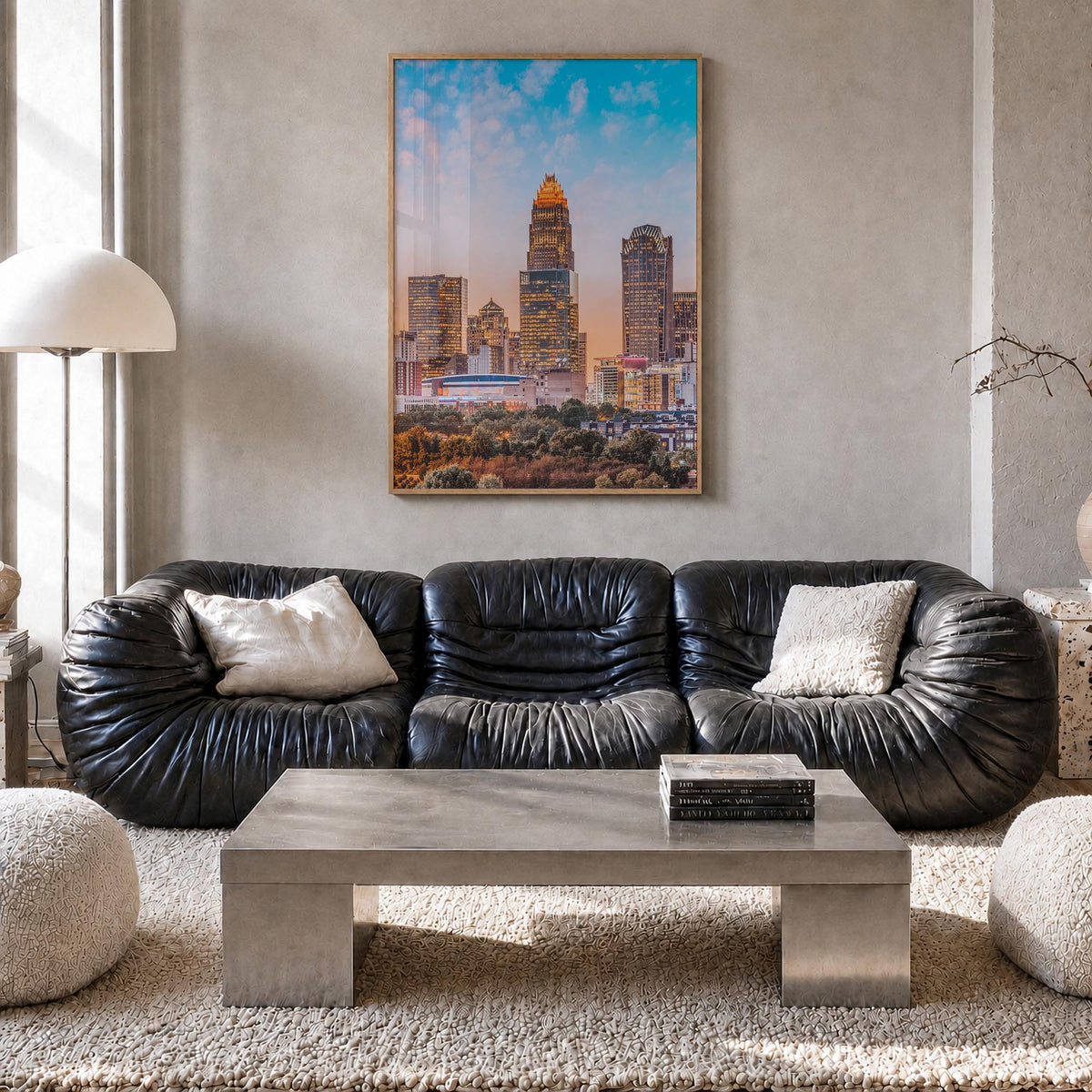 Charlotte no. 1 colorful photo poster of North Carolina, USA – vertical wall art in natural wood frame, hanging on wall