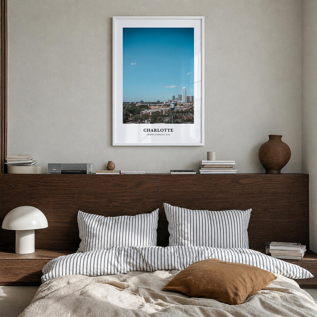 Charlotte no. 2 colorful classic poster of North Carolina, USA – vertical wall art in white wood frame, hanging on wall