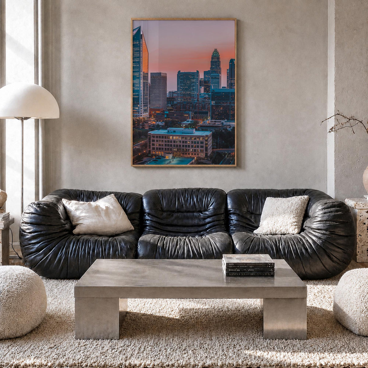 Charlotte no. 2 colorful photo poster of North Carolina, USA – vertical wall art in natural wood frame, hanging on wall