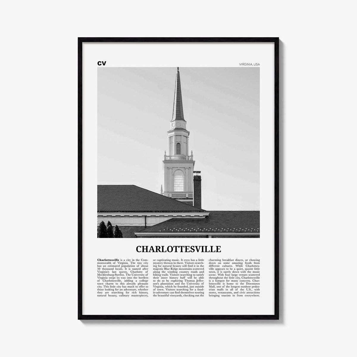 Charlottesville no. 1 black & white newspaper poster of Virginia, USA – vertical wall art, unframed print shown in interior m