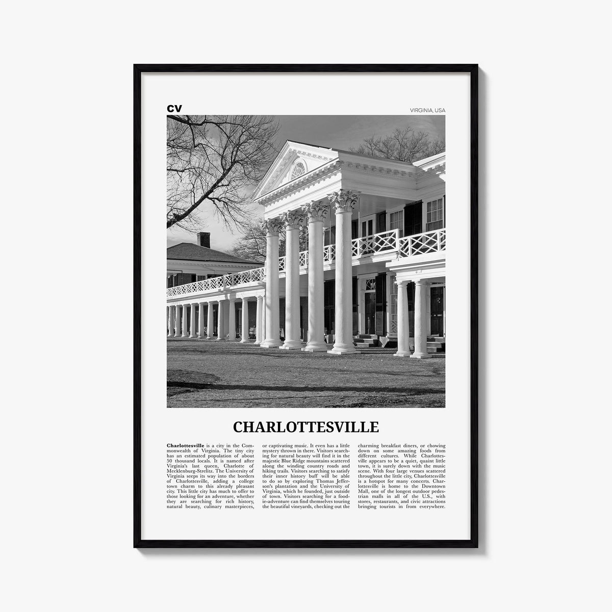 Charlottesville no. 2 black & white newspaper poster of Virginia, USA – vertical wall art, unframed print shown in interior m