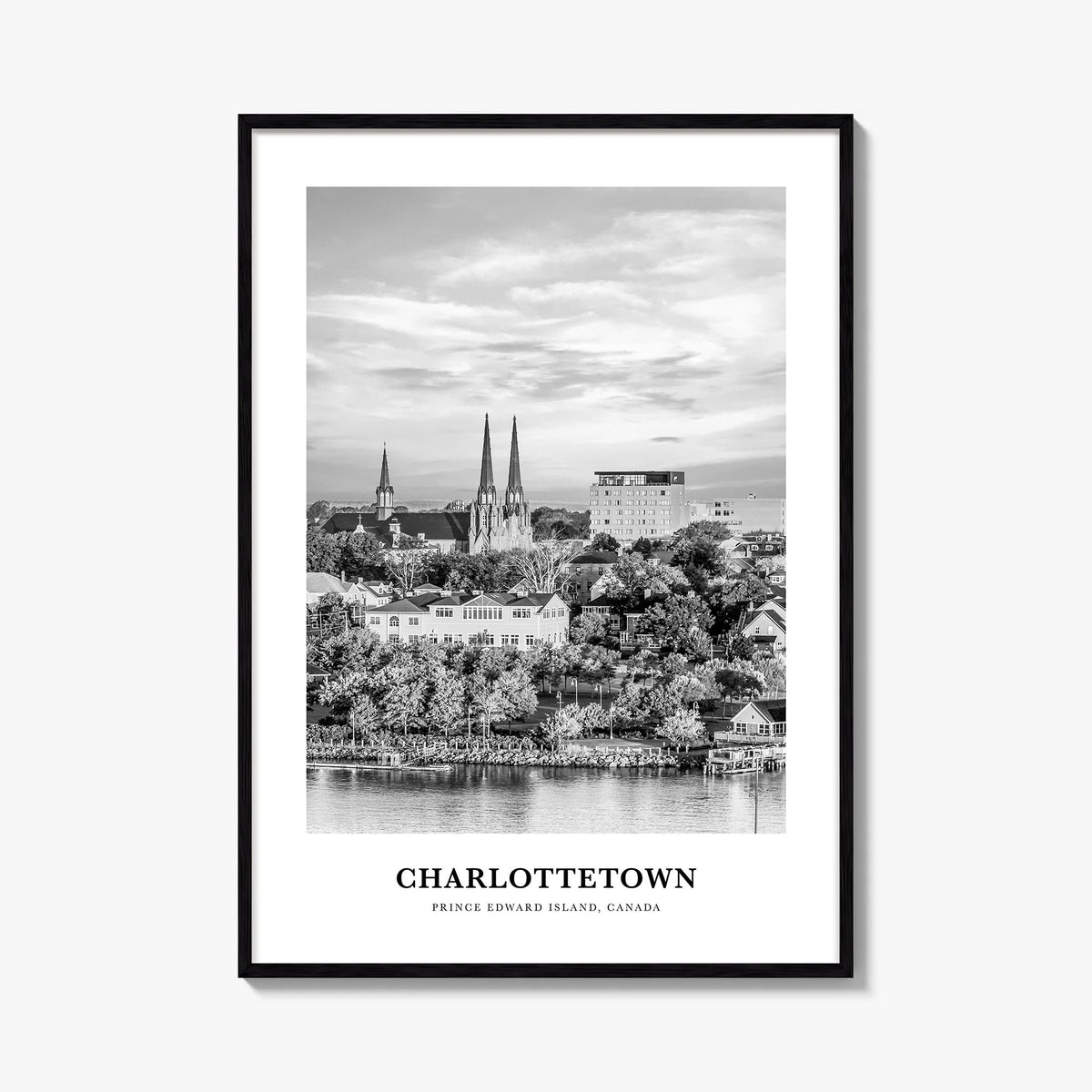 Charlottetown black & white classic poster of Canada – vertical wall art, unframed print shown in interior mockup
