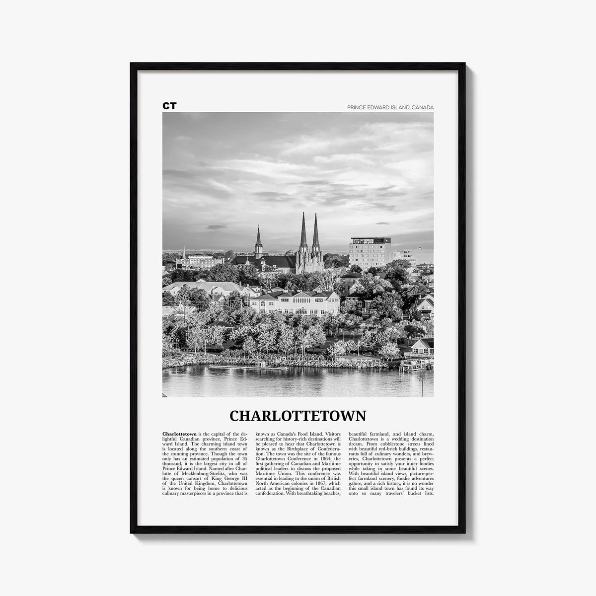 Charlottetown black & white newspaper poster of Canada – vertical wall art, unframed print shown in interior mockup