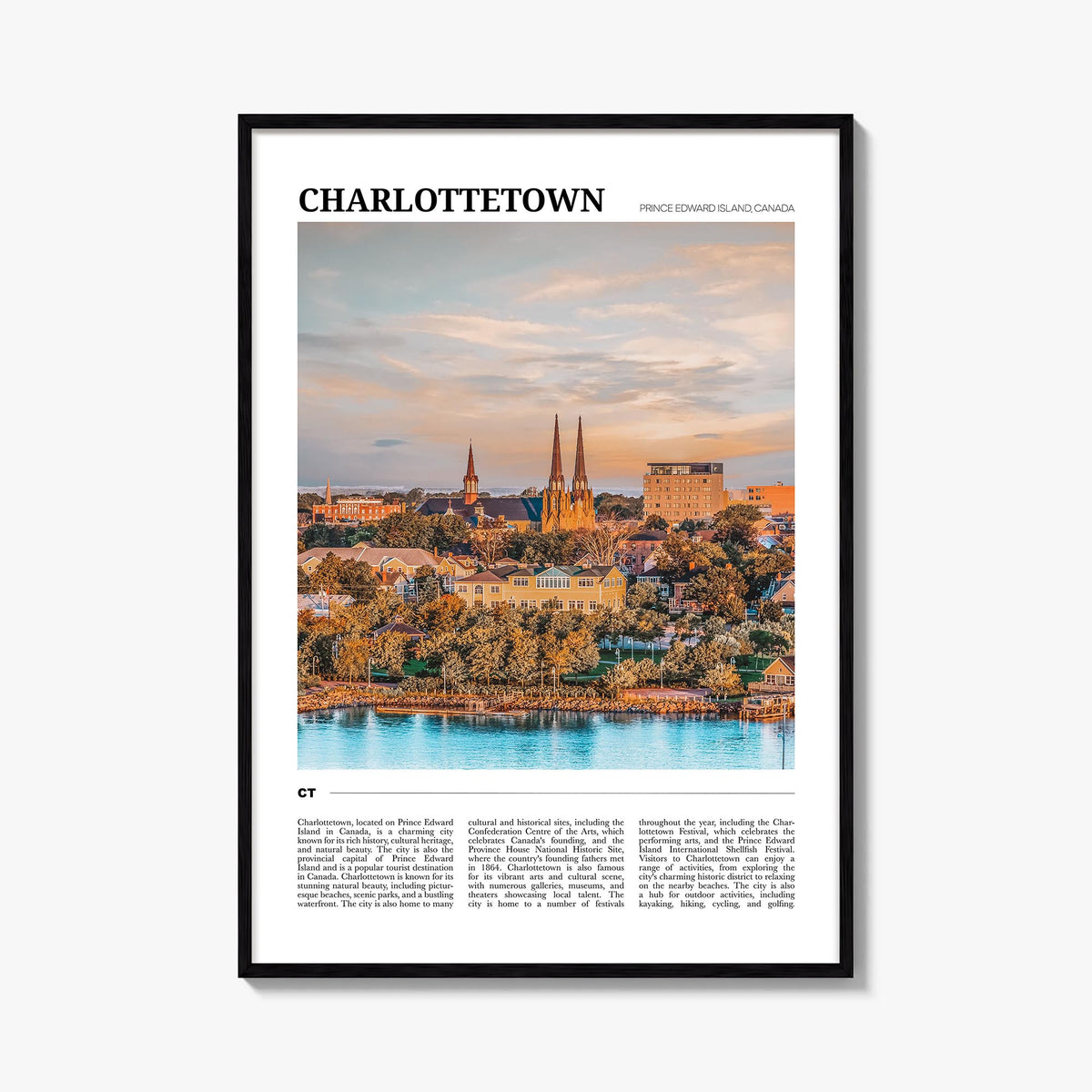 Charlottetown colorful travel poster of Canada – vertical wall art, unframed print shown in interior mockup