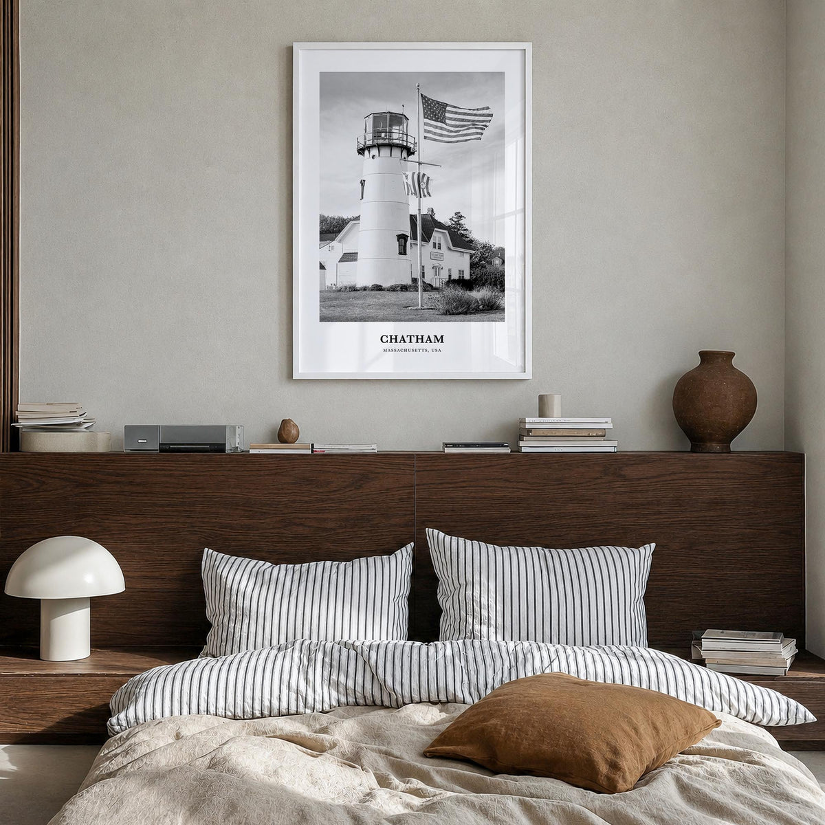Chatham black & white classic poster of Massachusetts, USA – vertical wall art in white wood frame, hanging on wall