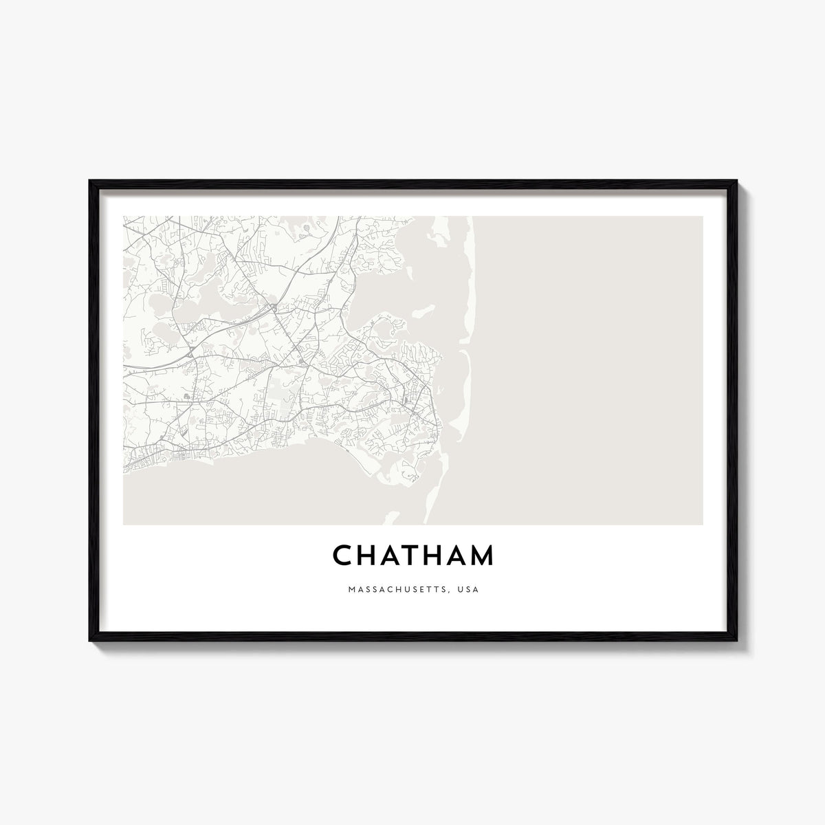 Chatham black & white map poster of Massachusetts, USA – horizontal wall art, unframed print shown in interior mockup
