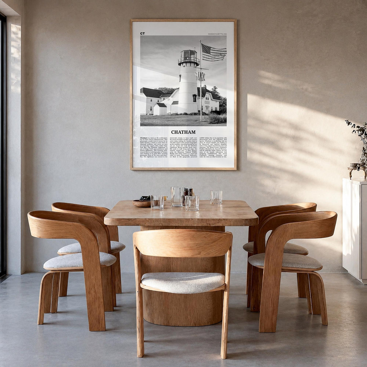 Chatham black & white newspaper poster of Massachusetts, USA – vertical wall art in natural wood frame, hanging on wall
