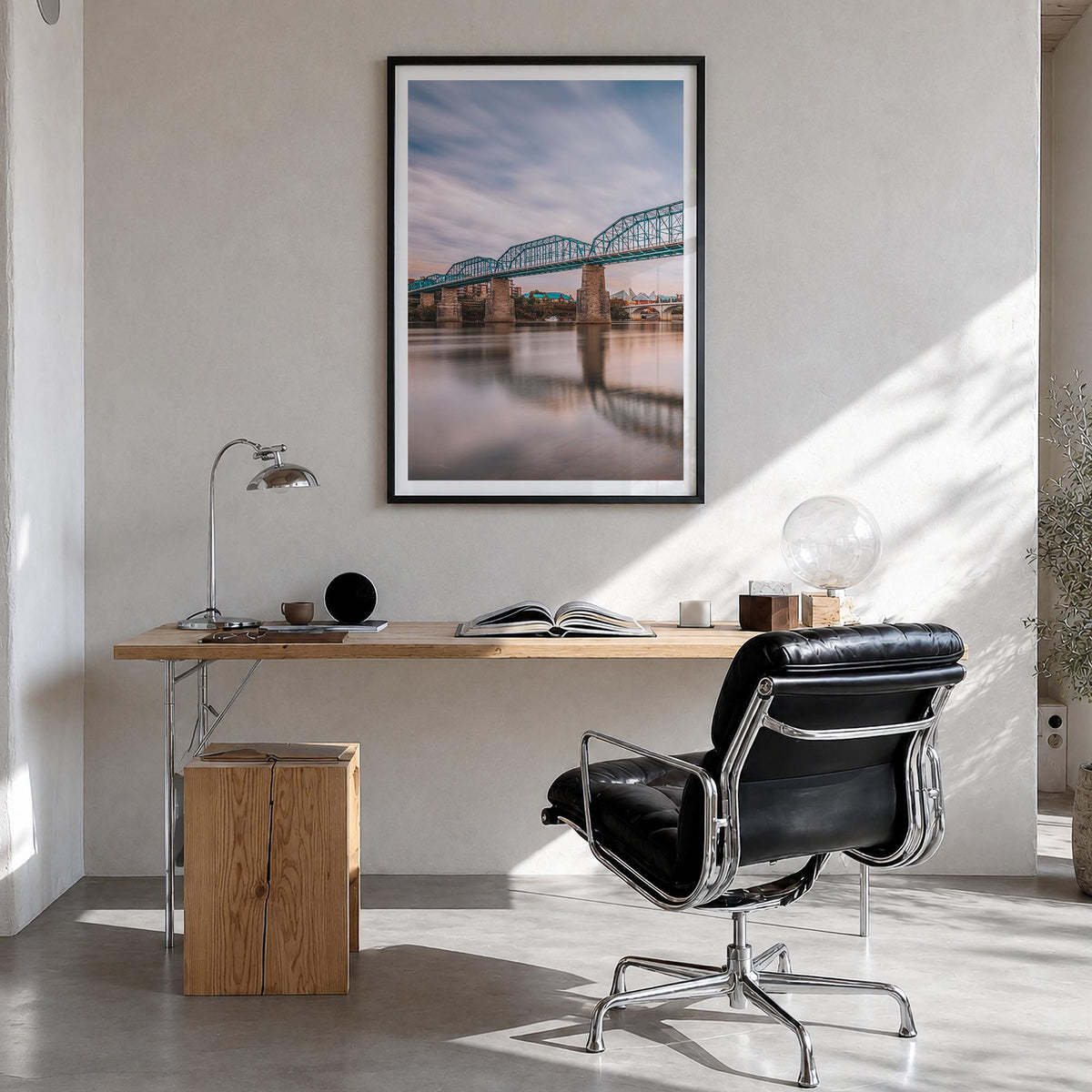 Chattanooga colorful photo poster of Tennessee, USA – vertical wall art in black wood frame with white border, hanging on wal